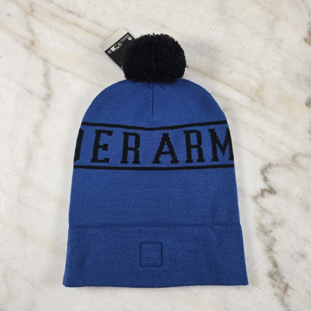 Under Armour Cuffed Fold Beanie Logo Winter Pom Athletic Royal Blue Men's OSFM